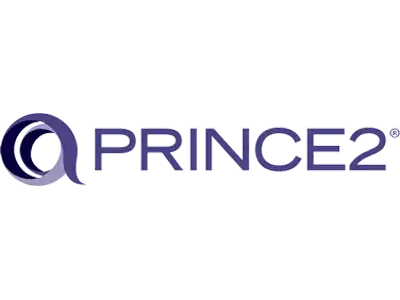 Logo PRINCE2 en lettres violettes avec un symbole circulaire à gauche sur fond blanc.