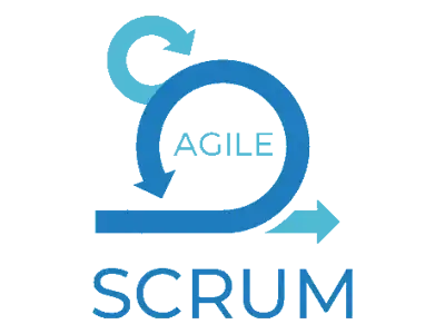 Logo bleu représentant un cercle incomplet avec le mot "Scrum" écrit en dessous, sur fond blanc.